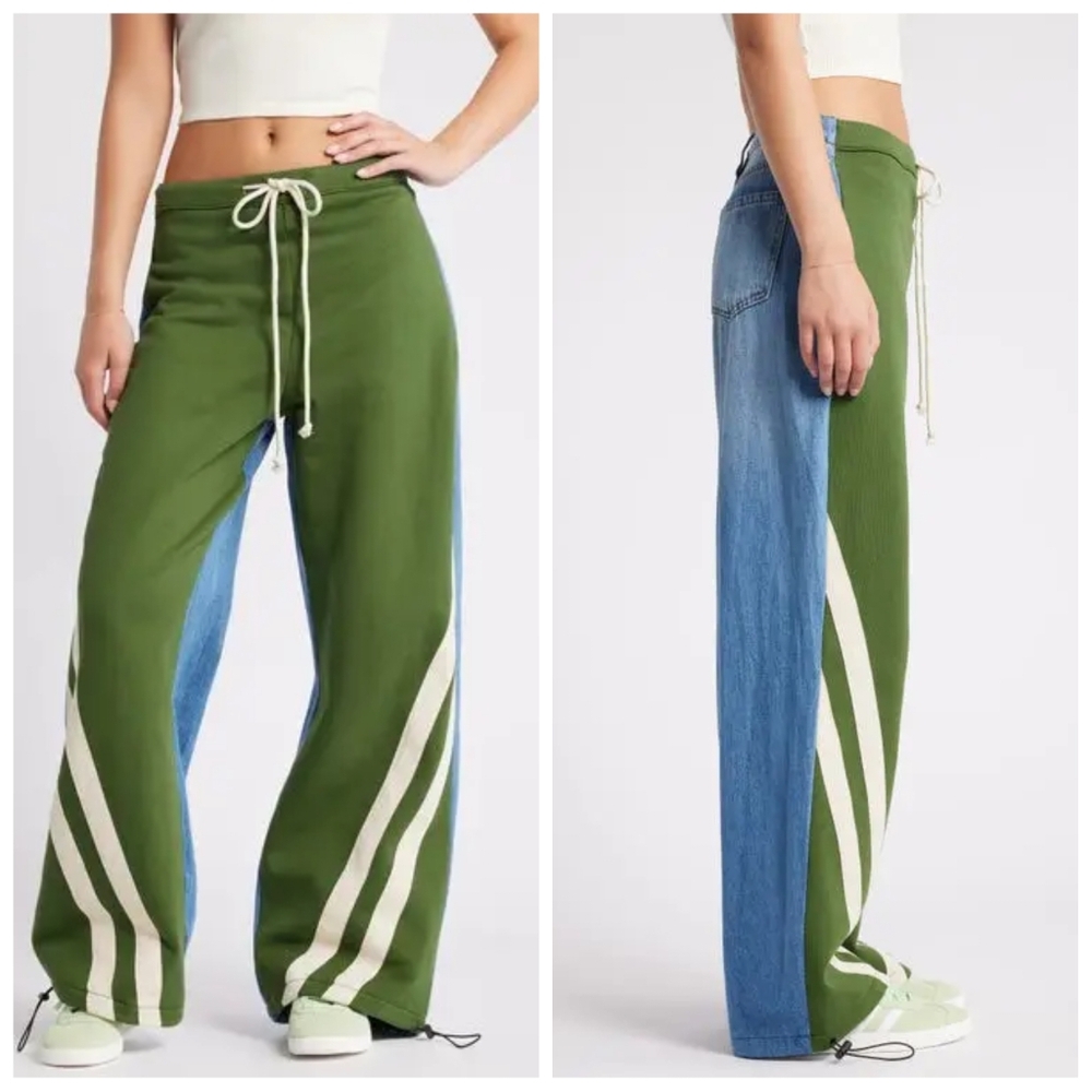Austin Landing Wide-Leg Athletic Pants | 1 | Indigo Green / Light Wash | NWT
